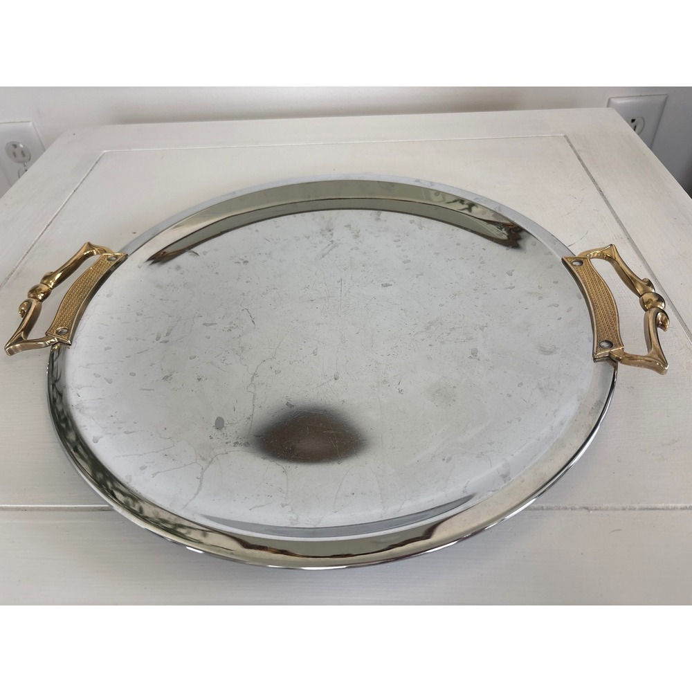 Vintage 60's Kromex Chrome Round Serving Tray Gold Handles MCM USA